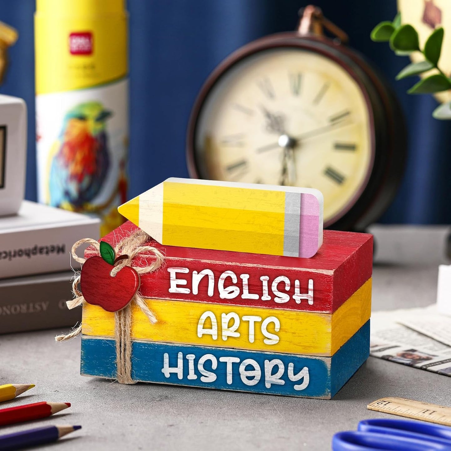 4 Pcs Back to School Table Decorations First Day of School Tiered Tray Decorations Decorative Mini Wooden Books Subject Signs for Office Shelf Classroom Tabletop Bookshelf(Pencil)