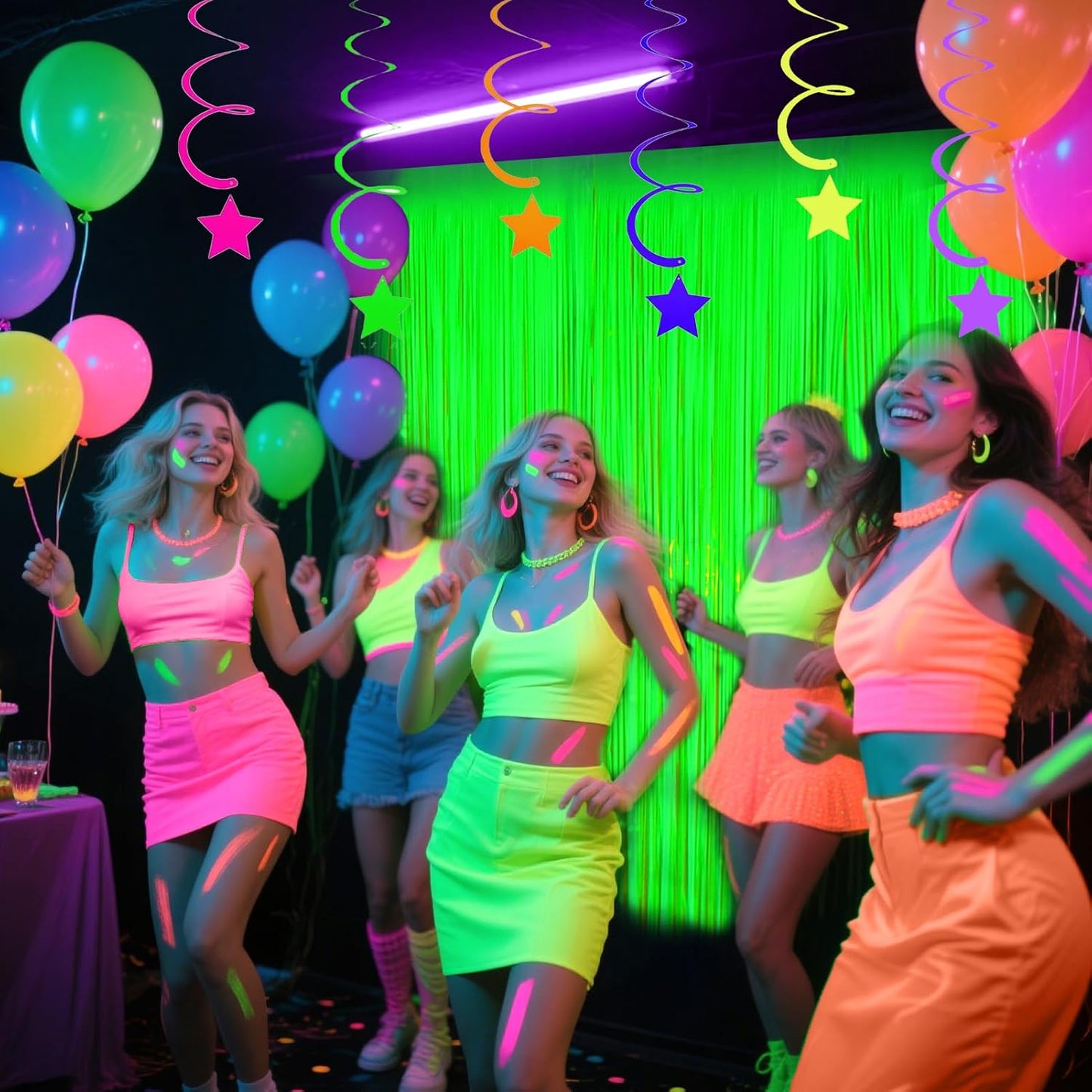 Glow in The Dark Party Supplies, 4 Packs Neon Party Decorations, Macaron Green Blacklight Reactive Fluorescent Tinsel Foil Fringe Curtains, Luminous Backdrop Streamers for Birthday, Photo Booth Prop