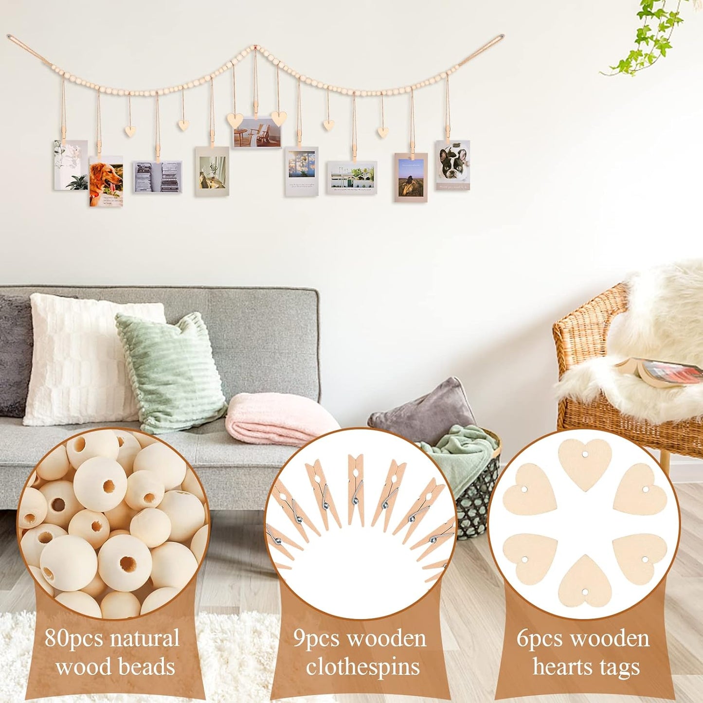 Hanging Photo Display with Clips, 9 Wood Clips, Boho Picture Frames Collage Wall Decor, Photo Hanger for Office Cubicle Decor, Kids Art Display (1)