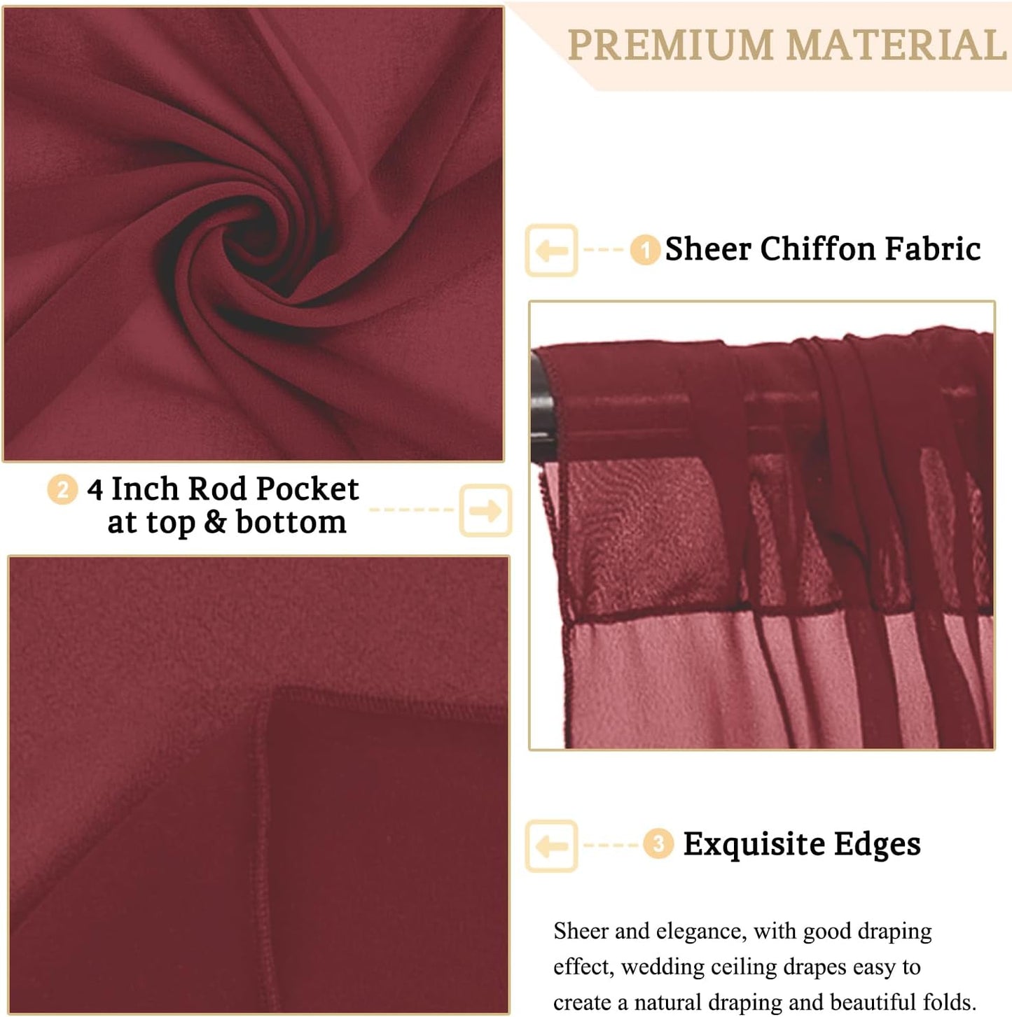 MODFUNS Burgundy Ceiling Drapes for Weddings 5FTx20FT 2 Panels Sheer Wedding Arch Draping Chiffon Fabric Ceiling Drapery Arbor Archway Drapes Tulle Curtains for Ceremony Swag Wedding Decorations
