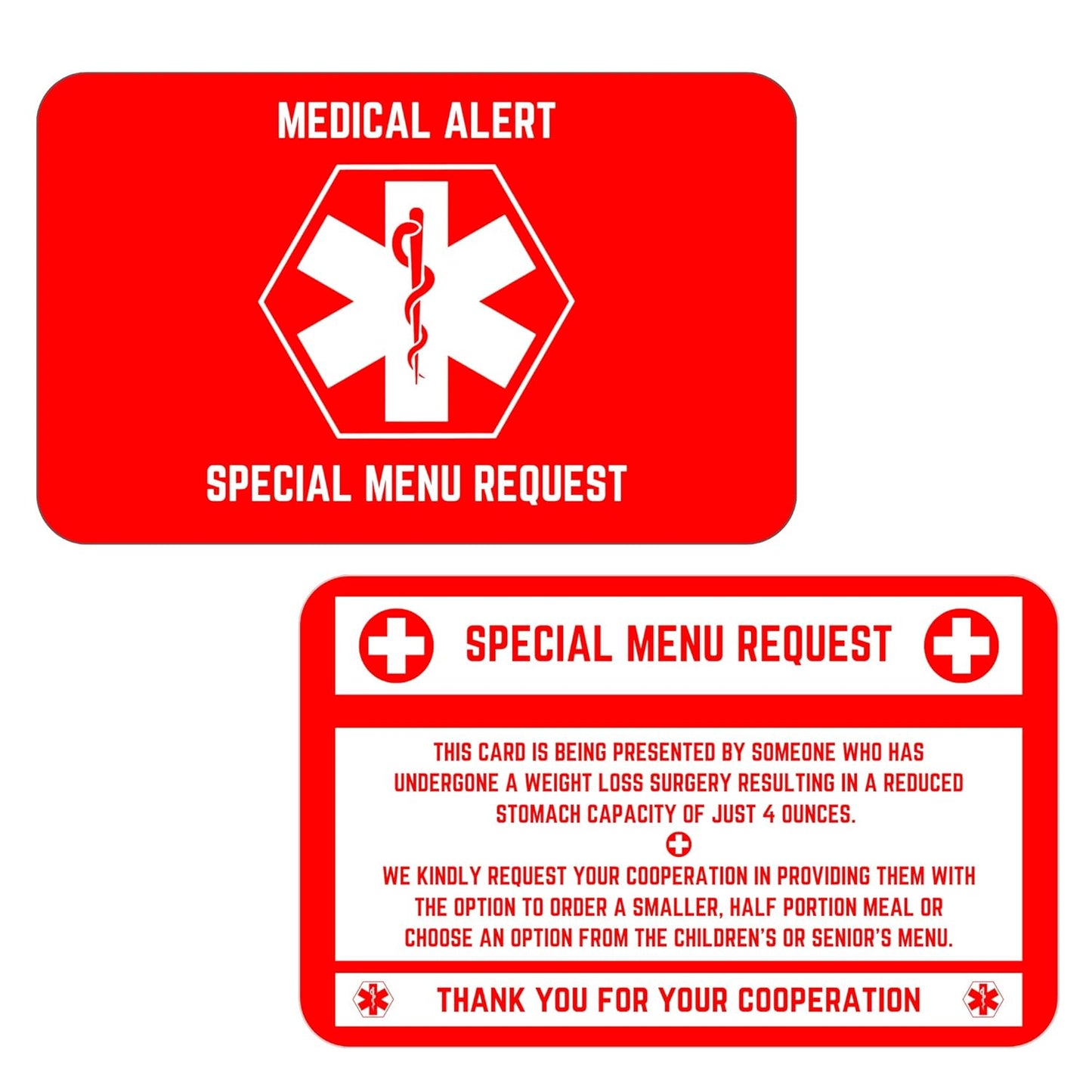 Bariatric Card for Restaurants, Special Menu Request Card, Portion Control Restaurant Request for Bariatric or Gastric Sleeve Patients, Wallet Sized, Set of 2 (5, Red, 3.375in x 2.125in)