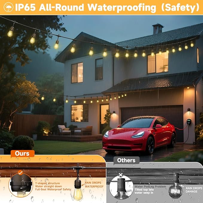 Outdoor Safety String Lights 50FT - Commercial Grade Low Voltage Strand with 20 S14 Shatterproof Bulbs for Tree Garden Yard bistro Cafe | Warm Yellow 3500K Party Lights | IP65 Waterproof | UL Listed