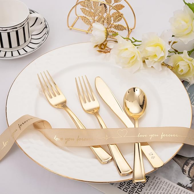 Liacere 200Pcs Gold Plastic Silverware-Gold Plastic Cutlery - Disposable Silverware include 100 Forks 50 Spoons 50 Knives Perfect for Parties & Weddings & Restaurants &Christmas & New Year