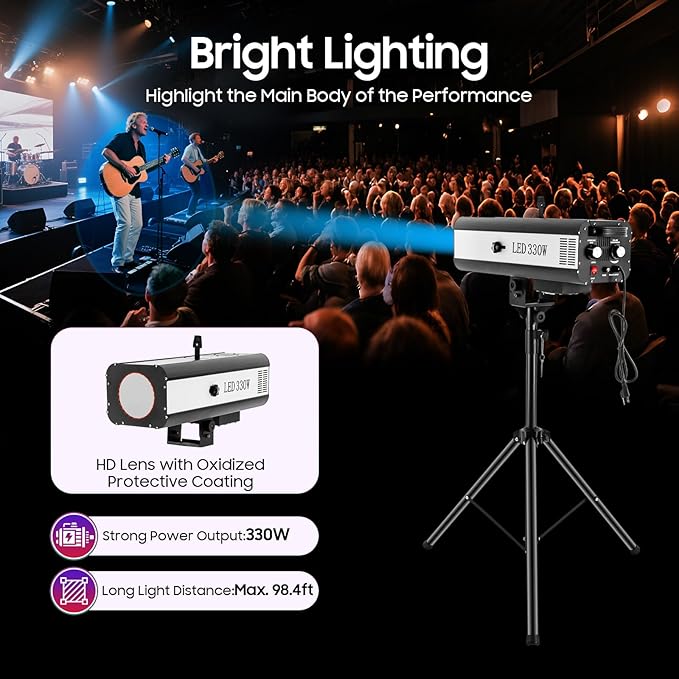 330W LED Stage Spotlight with Tripod, Professional Follow Light with 6 Colors & 3 Color Temperatures (5600K、6000K、3200K), Theater Lights DJ Lighting for Wedding Party, DJ Show, Theater (330, Watts)
