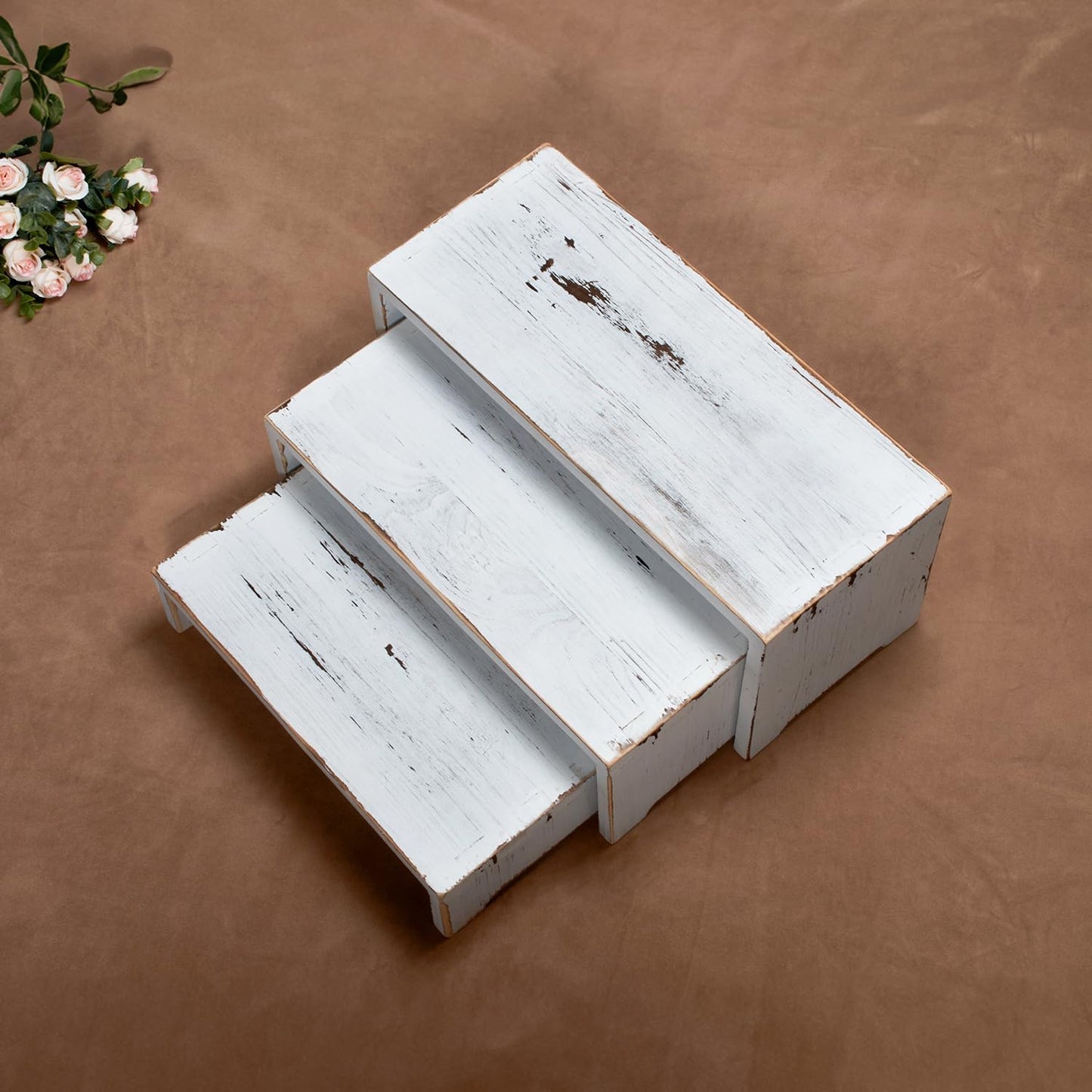 Set of 3 Wooden Rustic Cupcake Stand for 24 Cupcakes, Stepped Wood Display Stand for Weddings, Tiered Party Buffet Table Display Nesting Riser for Food , Dessert, Cookie, Craft Show, White