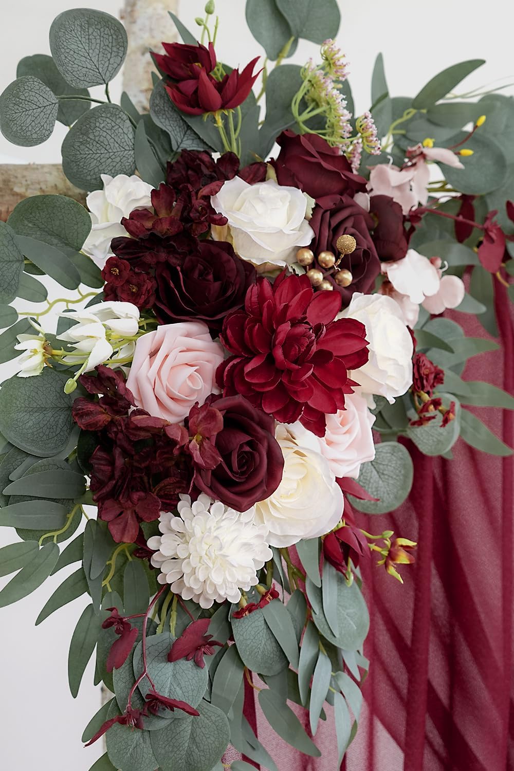 Burgundy Artificial Wedding Arch Flowers Kit (Pack of 3) with 26Ft Burgundy Shiny Arch Draping Fabric for DIY Wedding Party Ceremony Reception Backdrop Floral Decoration