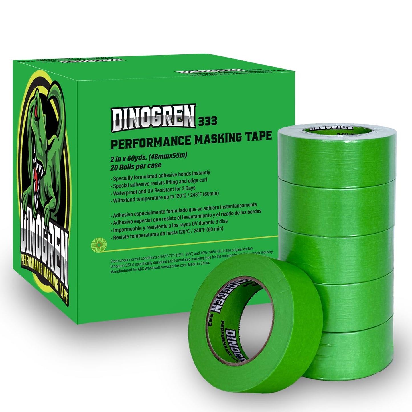 DINOGREN High Performance Automotive Masking Tape – 2 Inch x 60 Yards (20 Rolls) – Heat & Water Resistant Green Tape for Car Paint, Auto Body Shop, Industrial Use, Clean Removal, Solvent Safe- 7767