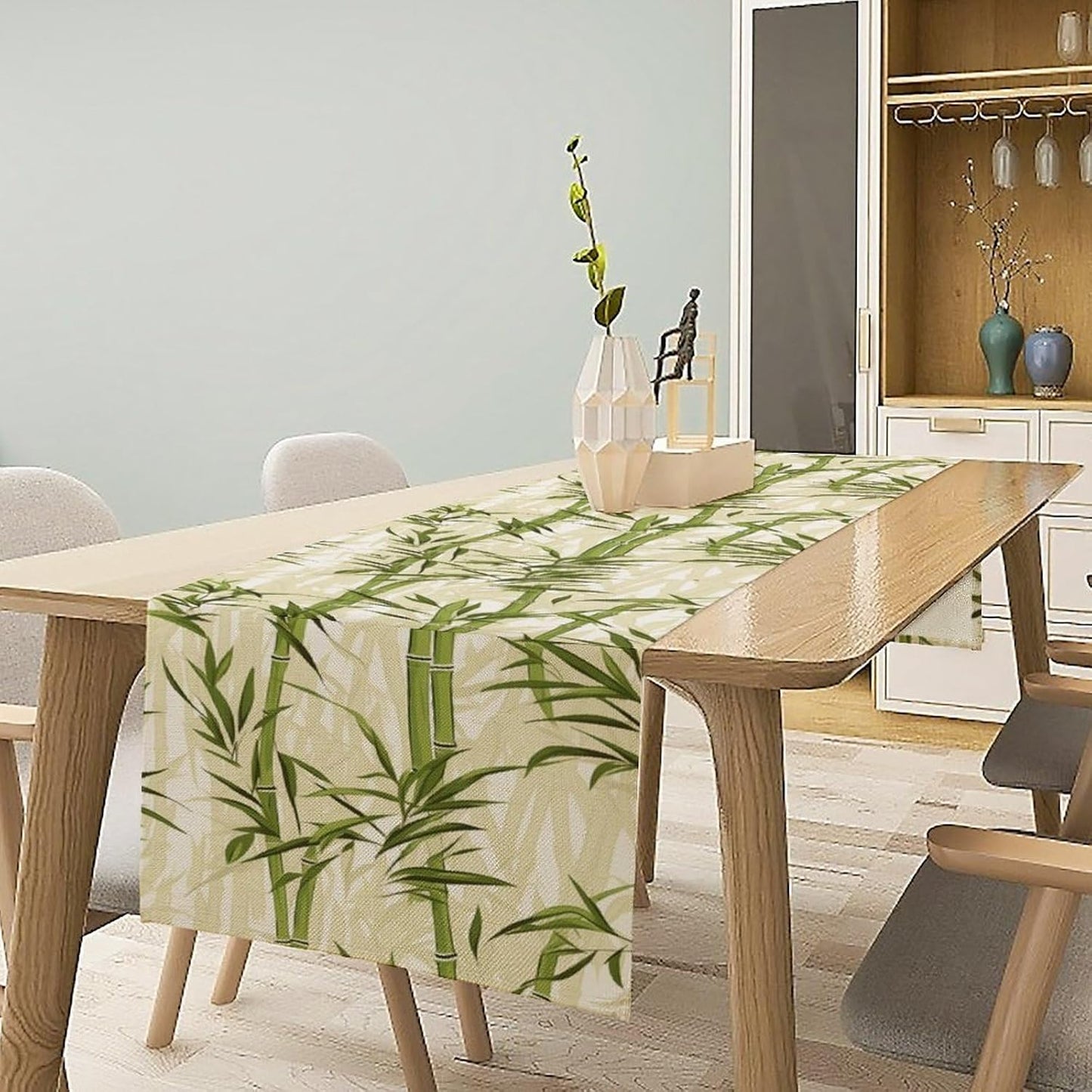 Bamboo Table Runner,Green Plant Leaf Pattern Table Cloth Kitchen Dining Table Home Party Decoration 13x36 Inch