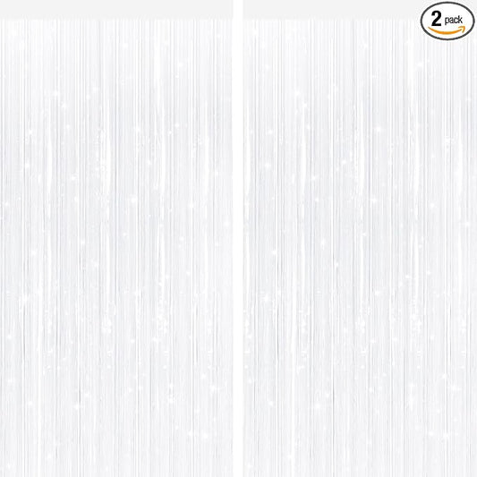 2 Pack White Metallic Tinsel Foil Fringe Curtains, Door Streamers Photo Booth Backdrop for Birthday Party, Tinsel Curtain Backdrop for Baby Shower Bachelorette Christmas Party Decorations
