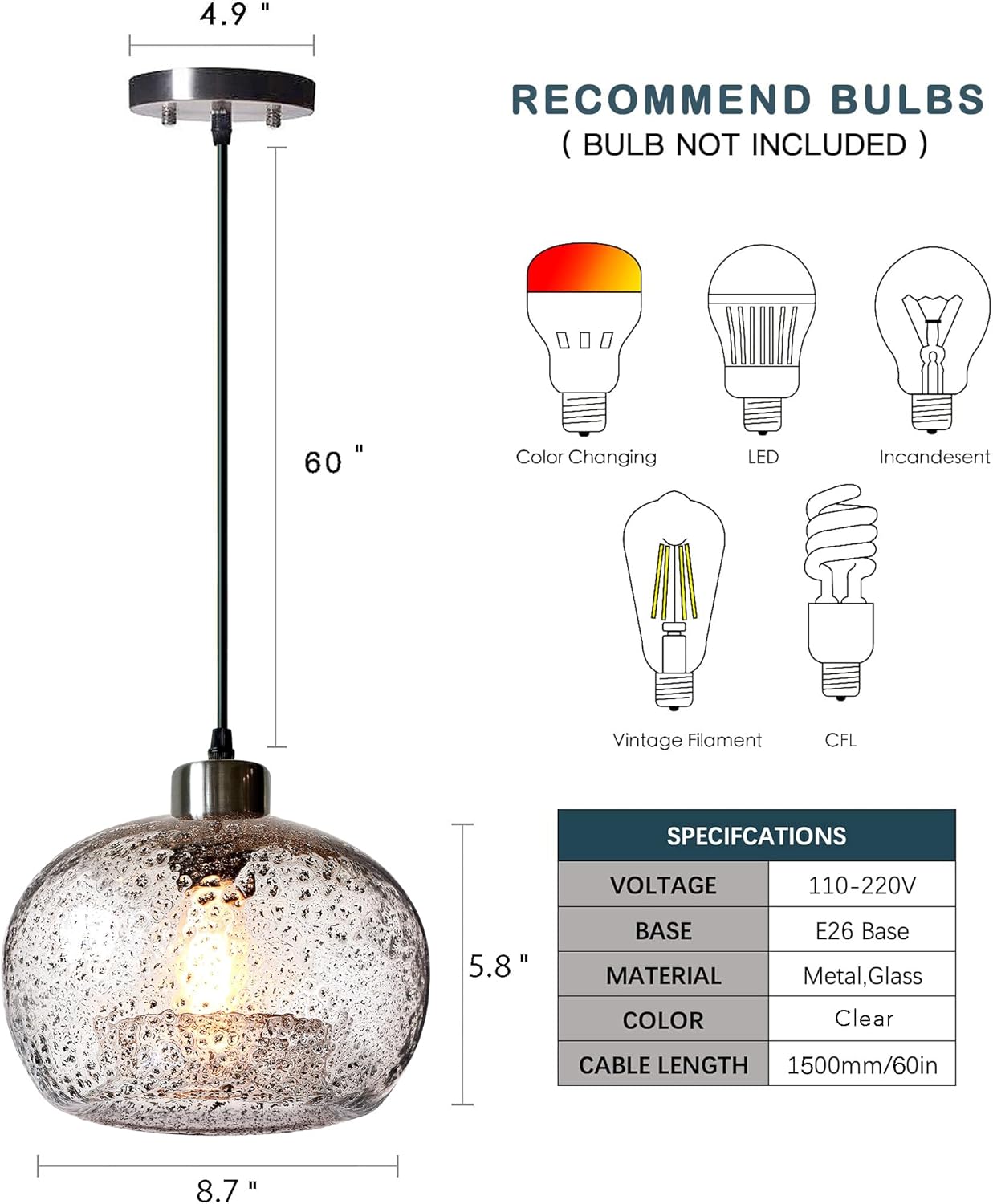 CASAMOTION Pendant Lighting Handblown Glass Drop Ceiling Lights, Modern Rustic Hanging Light Clear Seeded Glass with Black Sand Powder, Brushed Nickel Finish 8.7 Inch Diameter