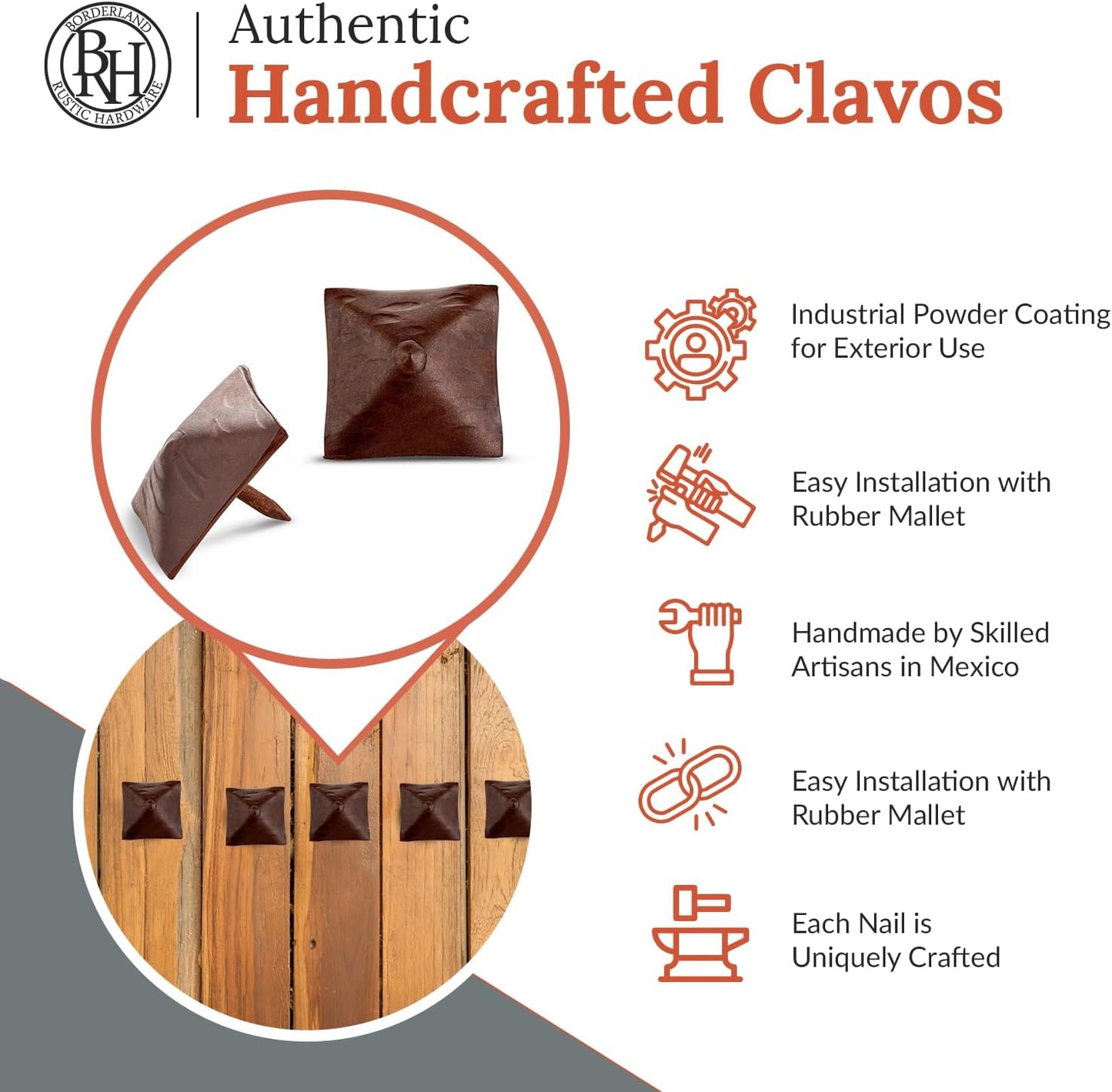 100 Pack 1.25" Square Head Iron Clavos Decorative Nails – Sealed Rusted – Handmade Rustic Square Fasteners for Farmhouse Shutters, Barn Doors, Shutters, and Gates – Ornamental Wood Accent