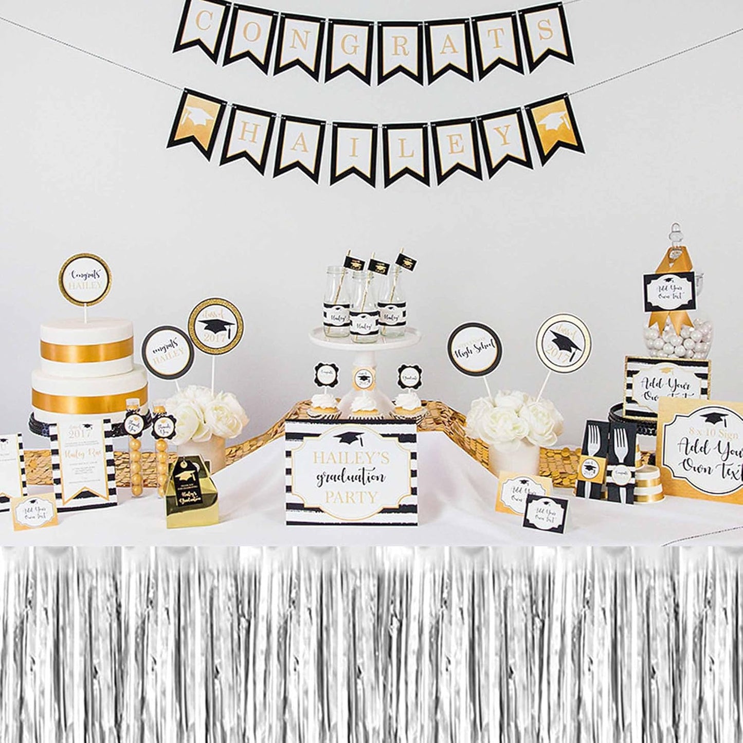 3 Pack 29 x108 Inch Silver Foil Fringe Table Skirts Metallic Banner for Tinsel Streamer Garland Backdrop for Parade Floats Mother's Day, Graduate, Birthday, Wedding Party Decoration