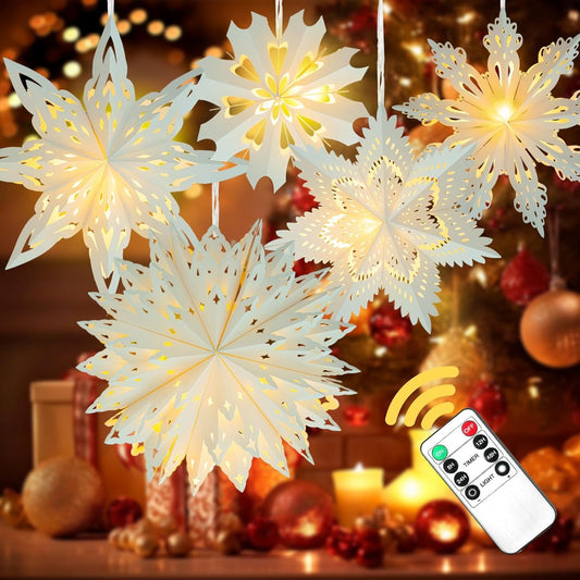 5 Pack Christmas Paper Snowflake Lanterns, Christmas Paper Star Lantern with LED Light White Hanging Lamp Ornaments for Xmas Tree New Year Winter Frozen Weddings Birthday Holiday Party Decorations
