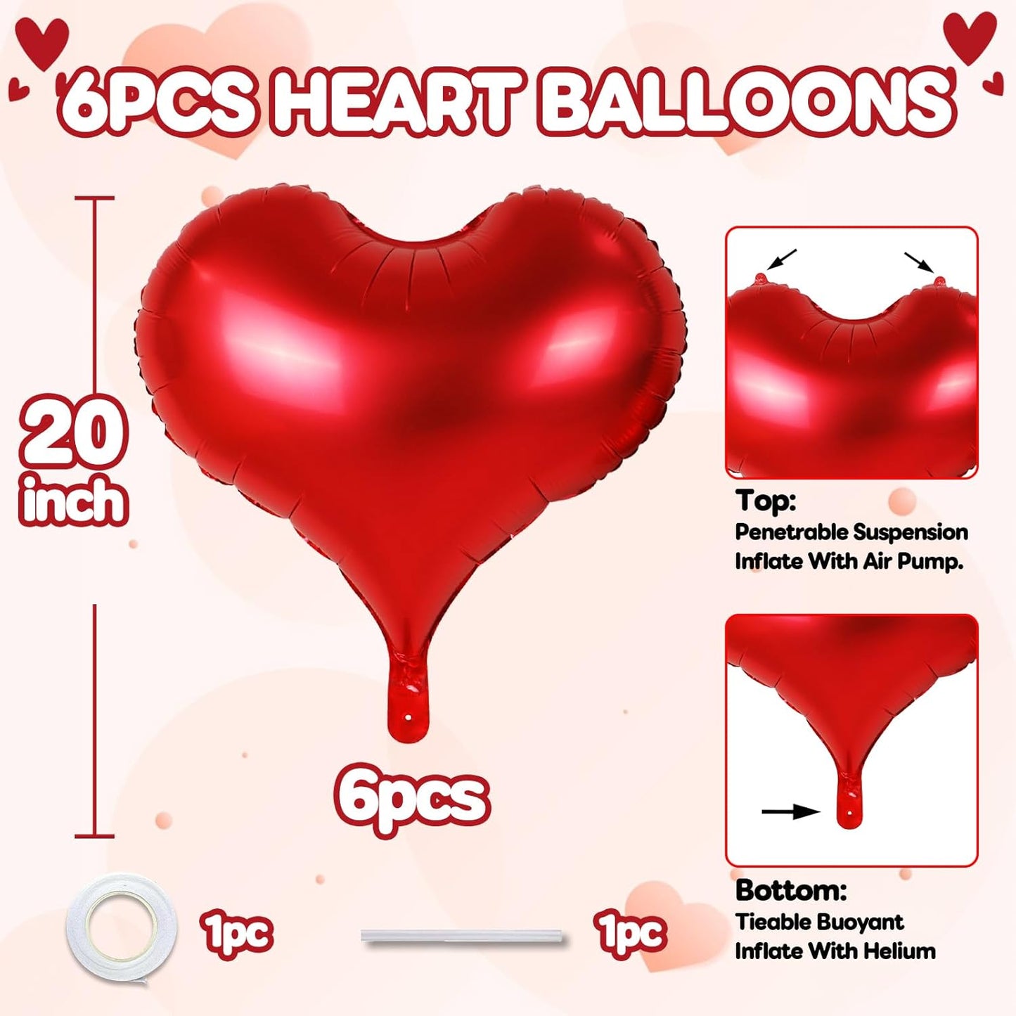 20 Inch Red Heart Balloons, 10 Pcs Heart Shaped Valentine Foil Balloons, Red Love Helium Balloon for Valentine Bridal Shower Anniversary Wedding Birthday Bachelorette Party Decorations