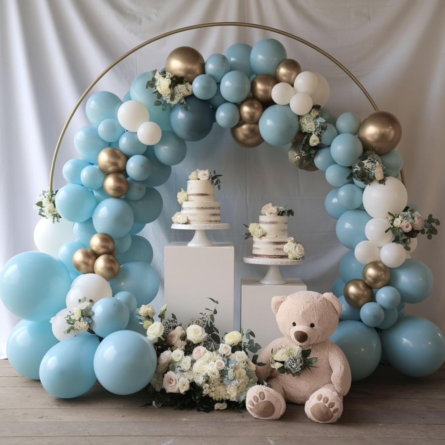 Dusty Blue and Gold Balloons, 12 Inch Blue Gold Balloons, Retro Fog Blue Metallic Golden White Confetti Balloons Latex Balloon for Wedding Baby Shower Gender Reveal Birthday Party Decoration