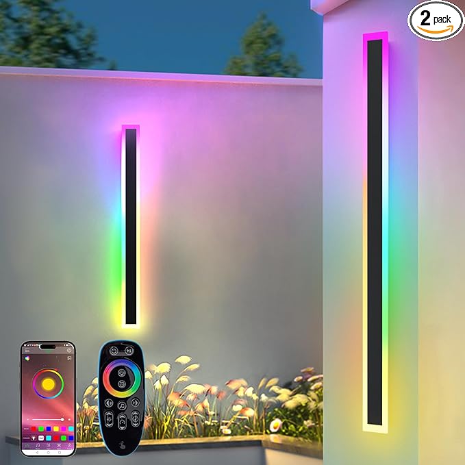 2 Pack Outdoor RGB Long Wall Lights, 47.2inch Wall Lights RGB/Warm/White Dimmable Modern Led Wall Lighting, Ip65 Waterproof Wall Sconce with Remote APP Control for Outdoor/Indoor Party Gathering