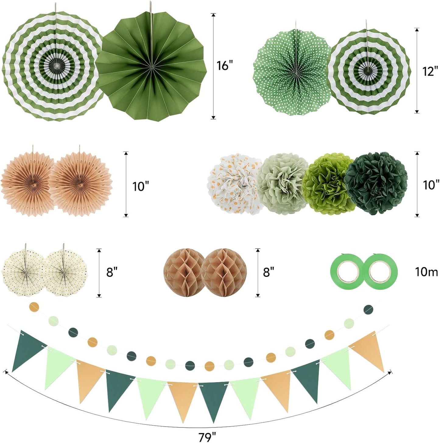 Green Party Decorations - 23Pcs Hanging Paper Fans,Pom Poms Flowers,Garland String Polka Dot and Triangle Bunting Flag Packs for Girls Women Birthday Party Baby Shower Wedding Shower Decor