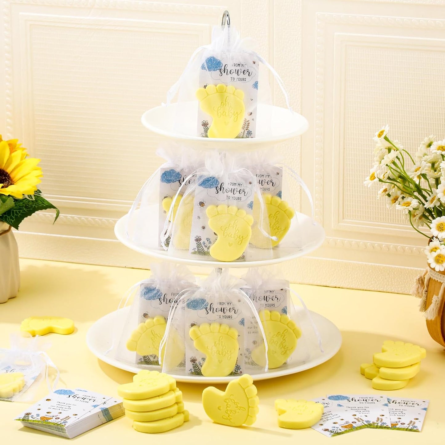 50 Sets Baby Shower Soap Favors for Guests - Mini Handmade Footprint Scented Soap with Thank You Cards and Organza Bag, Party Gifts for Gender Reveal Baptism Shower (Light Yellow)