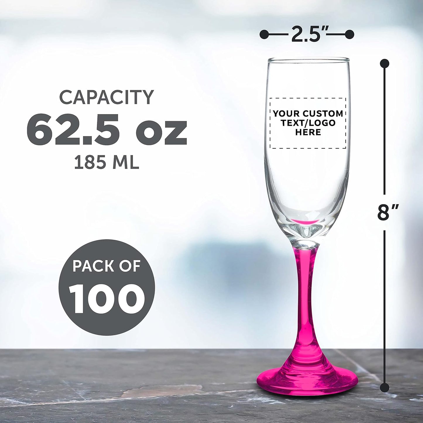 DISCOUNT PROMOS Custom Premiere Champagne Flutes 6.25 oz. Set of 100, Personalized Bulk Pack - Elegant Drinkware for Weddings, Events, & Promotional Gifts - Pink