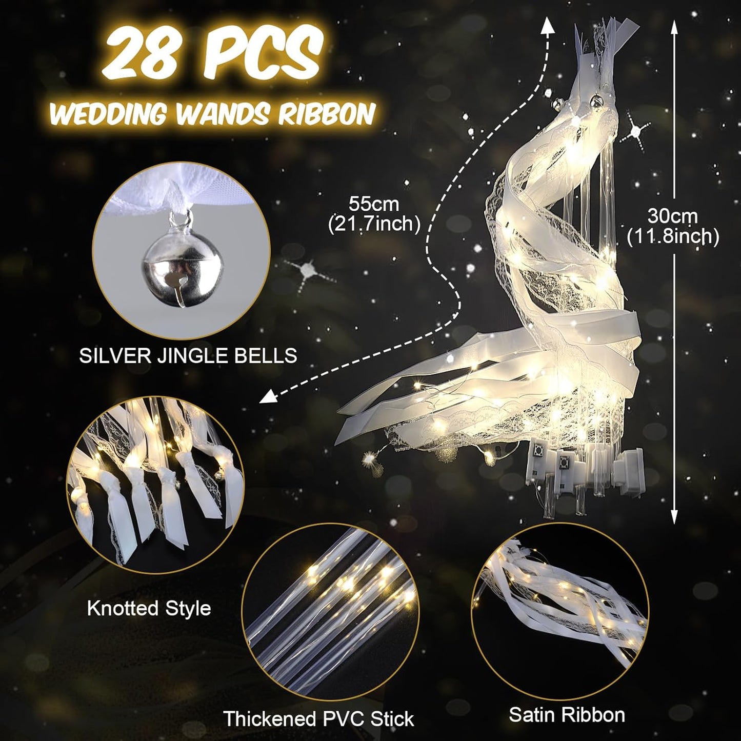 28PCS Light up Wands for wedding, Wedding Wands Streamers with 3 Colorful Flashing Modes, Fairy Wands, LED Silk Fairy Wand with Bells for Wedding, New Year, Thanksgiving, Concert