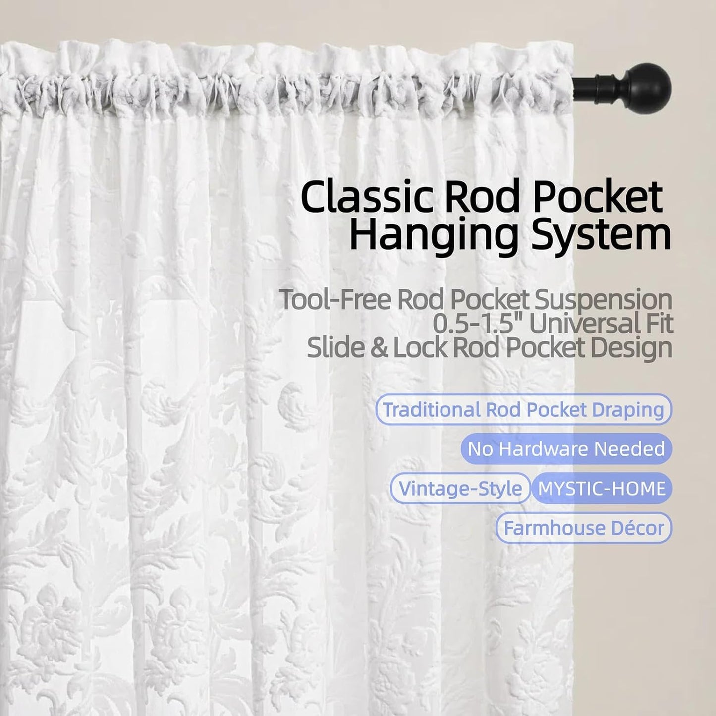 White Sheer Curtains for Living Room Boho Rod Pocket Light Filtering Curtain Drapes 95 inches Long 2 Panels Set with Floral for Bedroom 3D Flocked Texture & Rococo Motifs Window Curtains 52"W*95"L