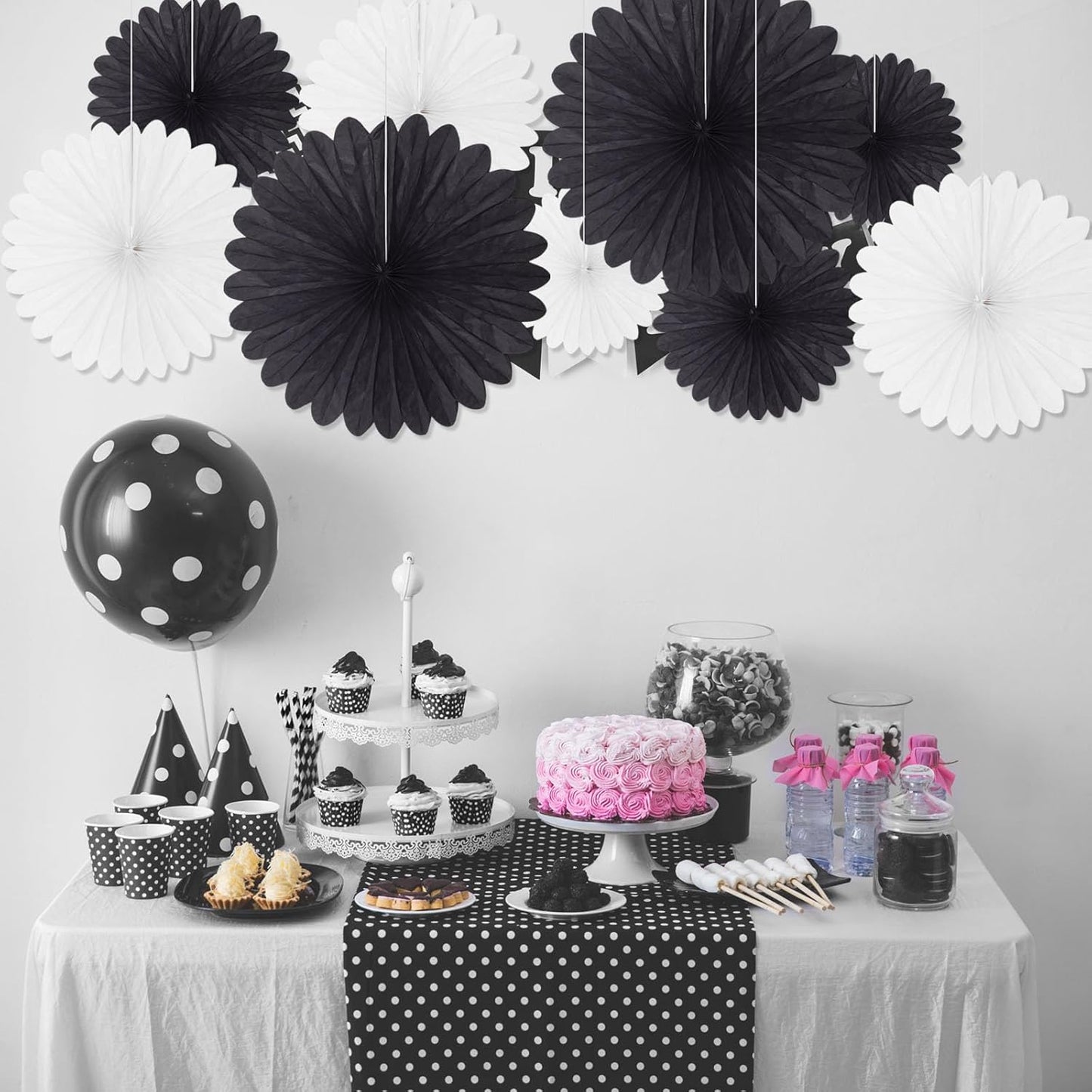 20 Pcs Black White Hanging Paper Fan, Round Paper Fans Decorations Set for Weddings, Birthdays, Engagement, Bridal Shower, Baby Shower Event, Graduation, Party Supplies Decor