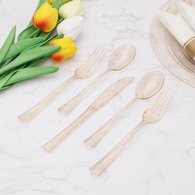 Goodluck 50 Pack Pre Rolled Gold Glitter Plastic Silverware, Wrapped Cutlery Set with Napkin Include 50 Forks, 50 Knives, 50 Spoons and 50 Napkins, Fancy Disposable Silverware for Party, Wedding