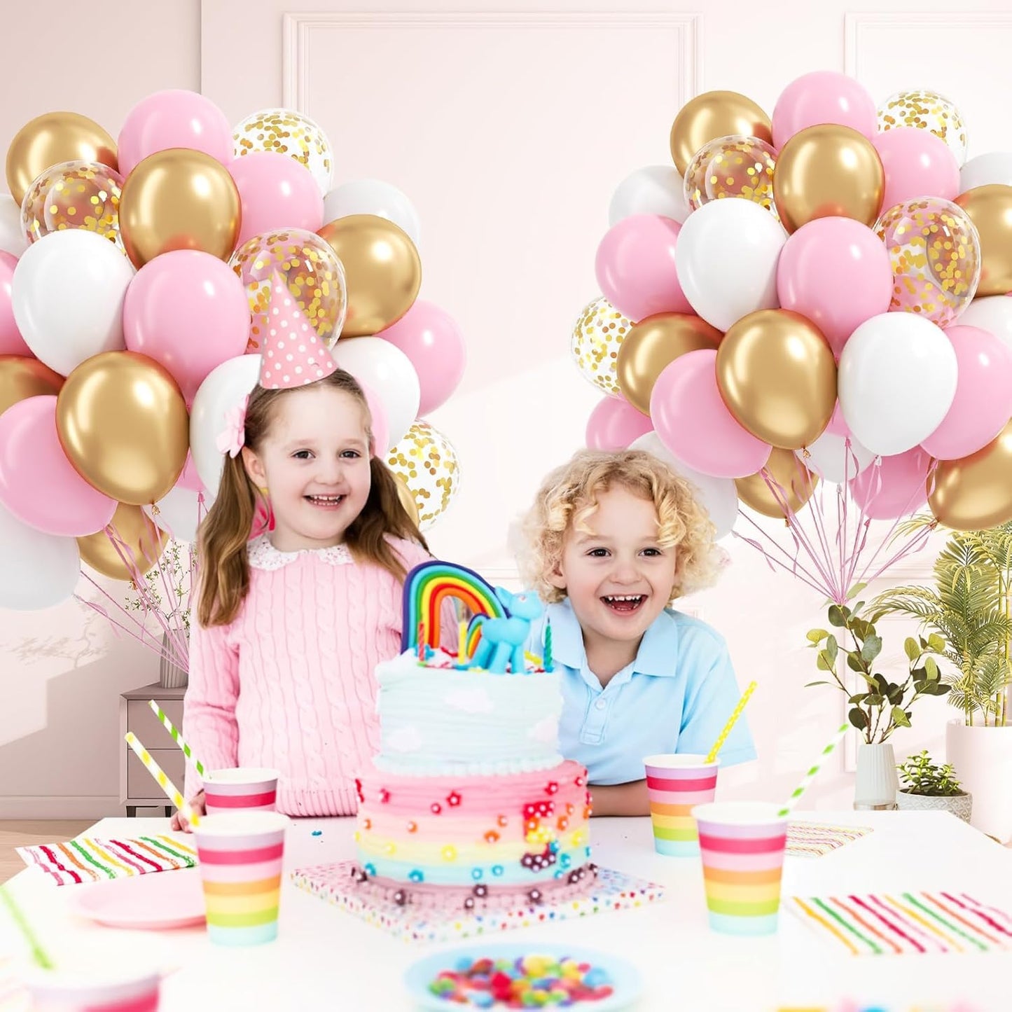 60pcs Pink and Gold Balloons 12inch, Pink and White Balloon with Metallic Gold Confetti Balloons for Baby Shower Wedding Birthday Party Decorations