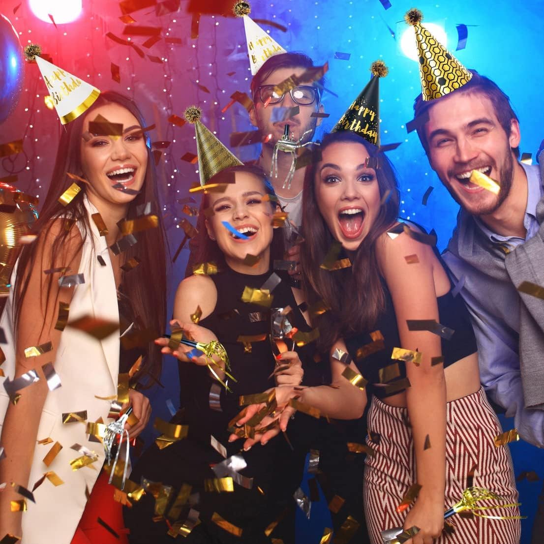 34 Pcs Birthday Party Hats - Gold Cone Hats Including 12 Paper Hats and 22 Noise Makers