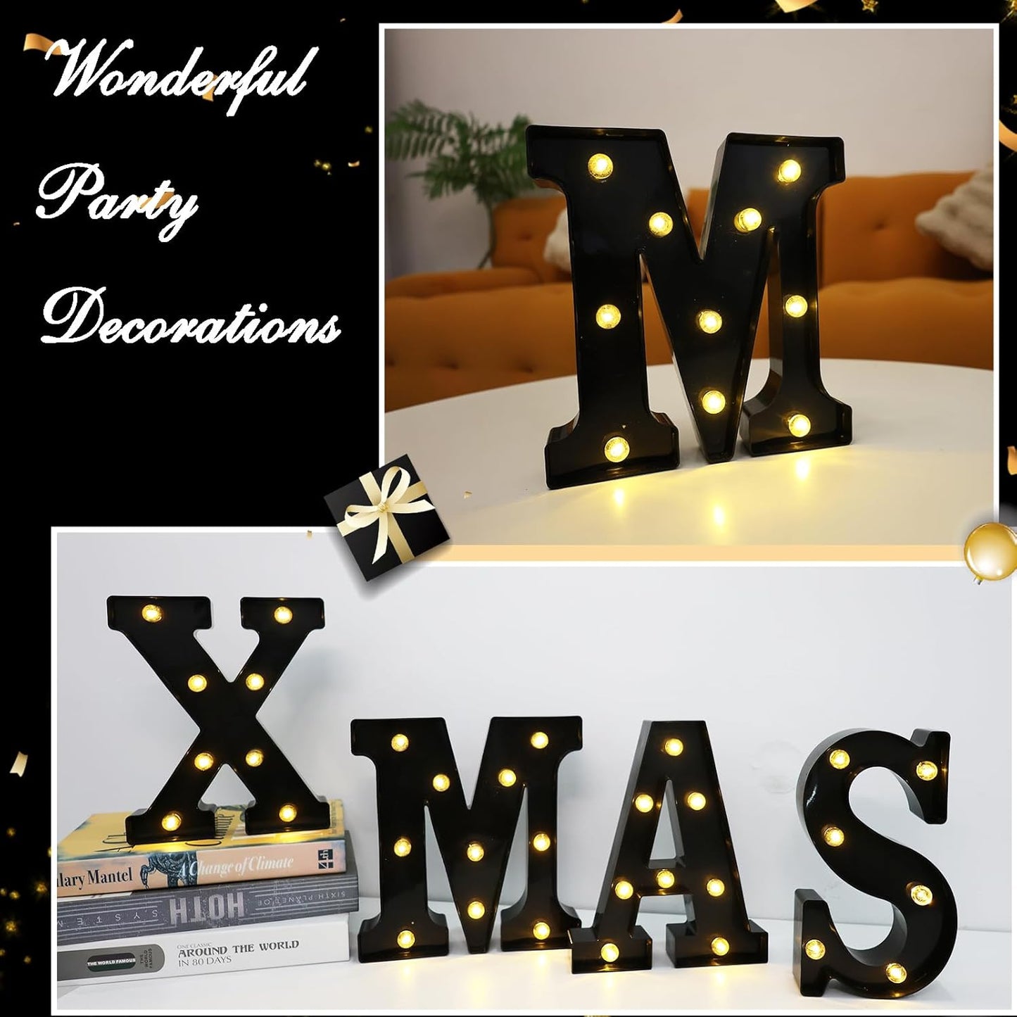 Led Marquee Letters, 8.58 Inch Black Light Up Letters, Small Led Letter Lights, Battery Powered Lighted Letterfor Table, Party, Birthday, Christmas Decor (Black, Letter M)