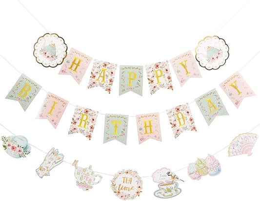 SUNBEAUTY Floral Tea Party Birthday Decorations Tea Happy Birthday Banner | Pre-Strung