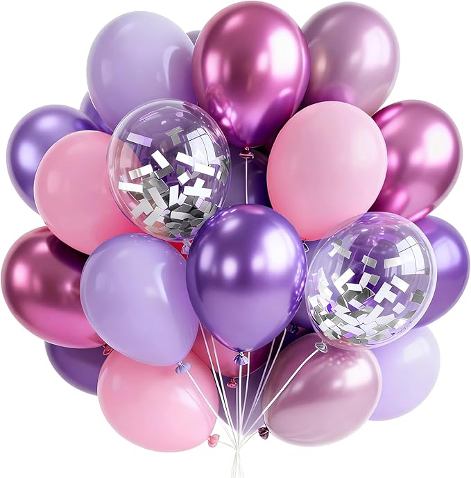 PartyWoo Pink and Purple Balloons 65pcs 12 Inch Baby Pastel Light Metallic Pink Light Purple Lavender Lilac Confetti Balloons for Baby Shower Princess Butterfly Birthday Party Decorations