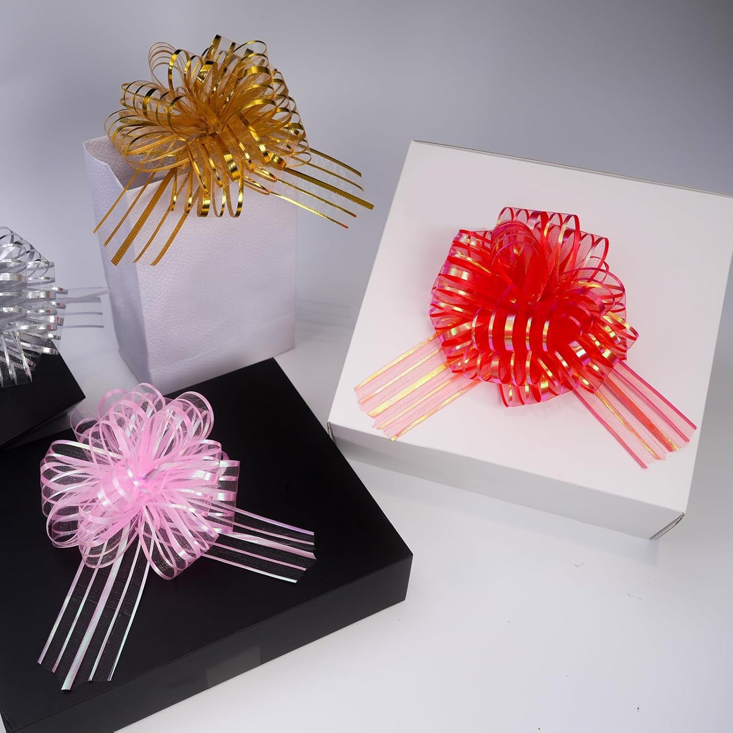 6 Pcs 6 Inch Large Organza Pull Bow Ribbon – Elegant Gift Bows for Wedding Decorations, Christmas Wrapping, Birthday Parties, Car Decor, Gift Baskets, and Valentine's Day Packaging(Red)