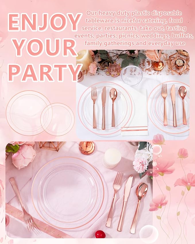 GATHER 700PCS Rose Gold Plastic Plates - Clear Rose Gold Rim Disposable Dinnerware Set Includes 200 Plates, 300 Silverware, 100 Napkins, 100 Cups for Party & Wedding & Valentine's Day
