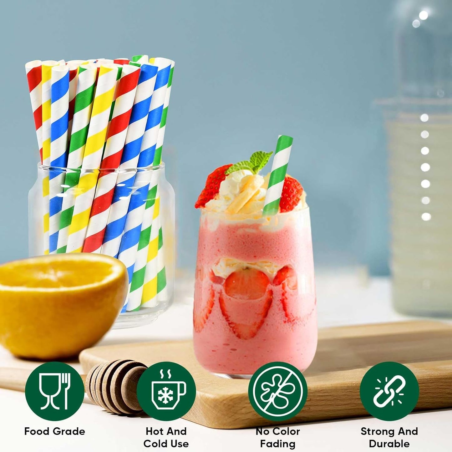 [10mm Wide] Chunspak 6" Short Fat Colorful Striped Paper Drinking Straws Disposable 100 Counts for Smoothie, Milkshakes, Thick Drinks - Biodegradable