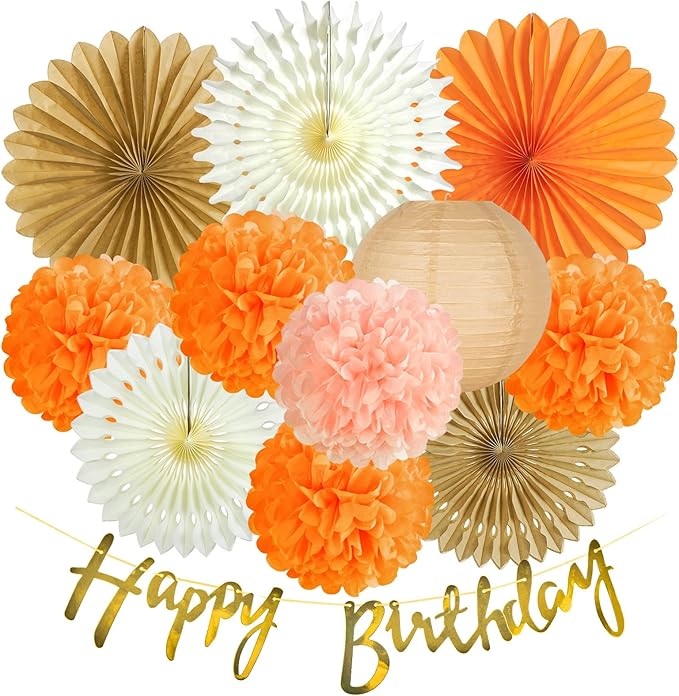 SUNBEAUTY Orange Birthday Party Decorations for Girls Women with Happy Birthday Banner Fall Hanging Paper Fans Tissue Pom Poms Lanterns for Thanksgiving Harvest Friendsgiving Autumn Wedding Decor