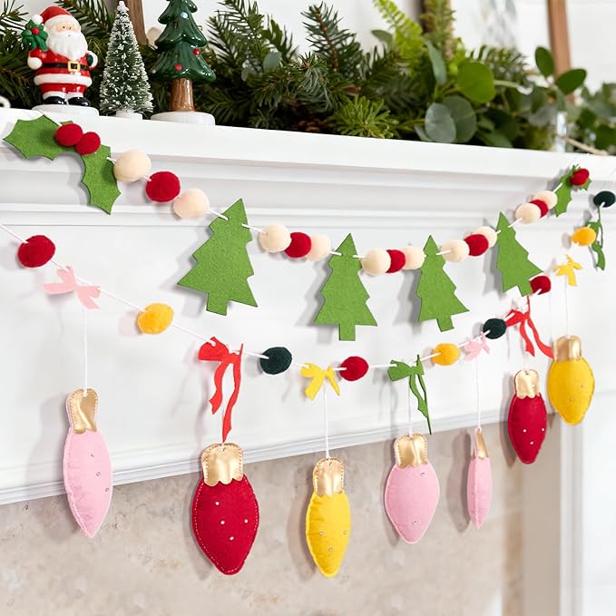 SUNBEAUTY Felt Christmas Garland, Pom Pom Garland Hanging Felt Balls Christmas Decorations,Red Green Christmas Ornaments Banner for Xmas Holiday Decorations,Indoor Outdoor Decor Home Party Supplies