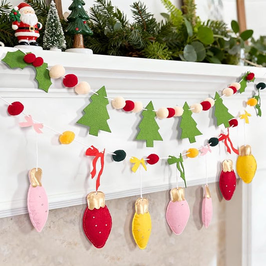 SUNBEAUTY Felt Christmas Garland, Pom Pom Garland Hanging Felt Balls Christmas Decorations,Red Green Christmas Ornaments Banner for Xmas Holiday Decorations,Indoor Outdoor Decor Home Party Supplies