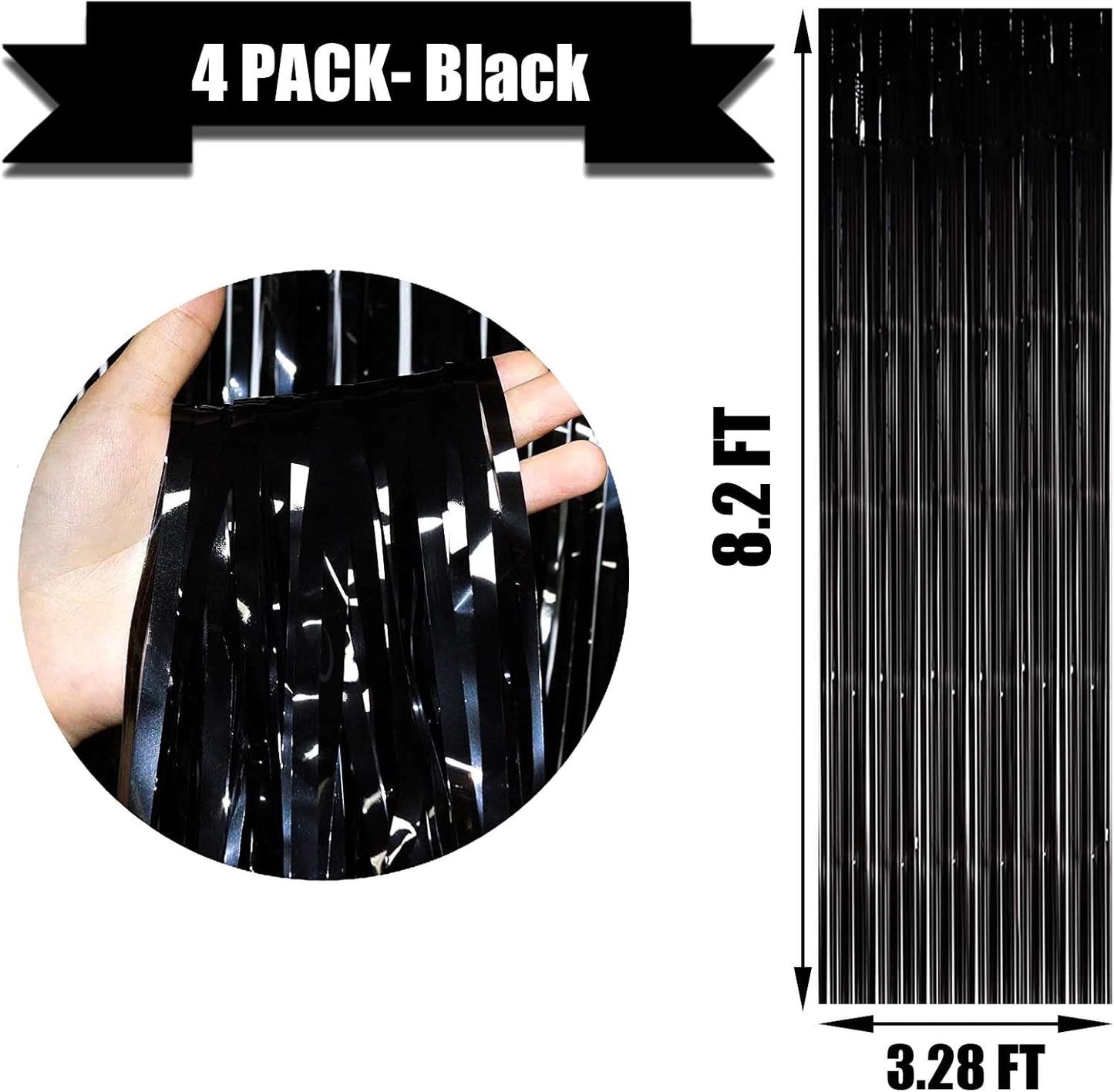 4 Pack Black Foil Fringe Curtain Backdrop, 3.28Ft x 8.2Ft Metallic Tinsel Streamer Curtains for Party, Photo Booth Props, Birthday, 2022 Graduation Decoration Party Supplies