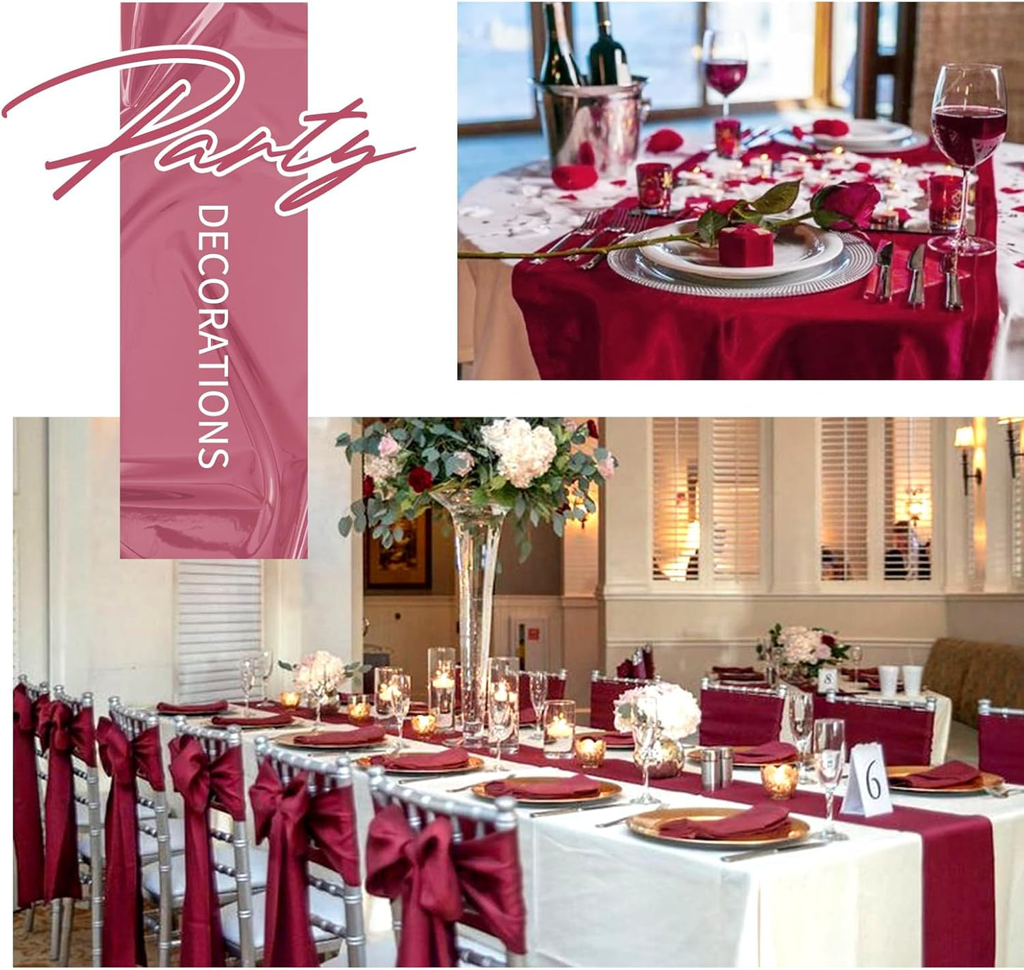 20 Pack Burgundy Satin Table Runner,12 x 108 inch Long Premium Smooth Burgundy Table Runners for Wedding, Banquets, Birthday, Party, Engagements,Table Runners fit Rectangle and Round Table