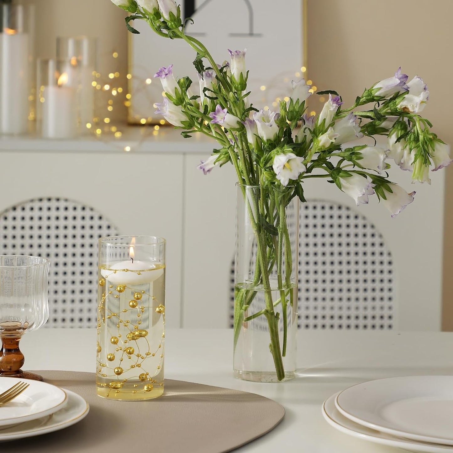 Set of 12 Glass Cylinder Vases for Centerpieces with 8 Pack Vase filler 12 Pearl String 24 White Floating Candles for Centerpieces, Table Center pieces for Wedding Party Home Decor 5, 6, 8 Inch