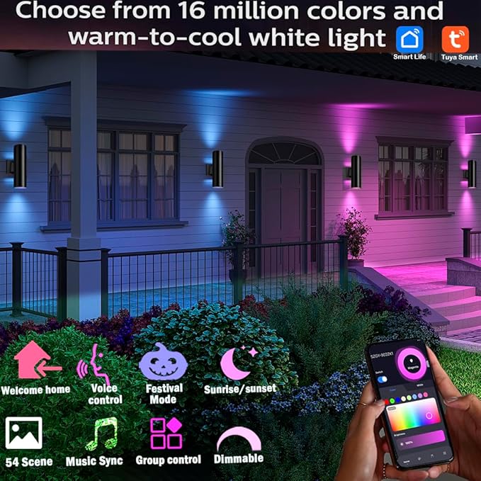 Bling RF Remote Control RGB Colour Changing Lighting LED Double Up and Down Outdoor Wall Light,White Temperature 2700k- 6500k RGB+CCT Exterior Wall Lighting (2 Pack)