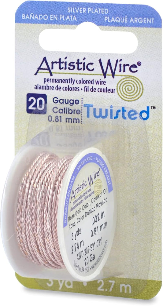 Artistic Wire, 20 Gauge / .81 mm Silver Plated Tarnish Resistant Colored Copper Craft Wire, Round Twist, Silver Plated Rose Gold Color, 3 yd / 2.7 m