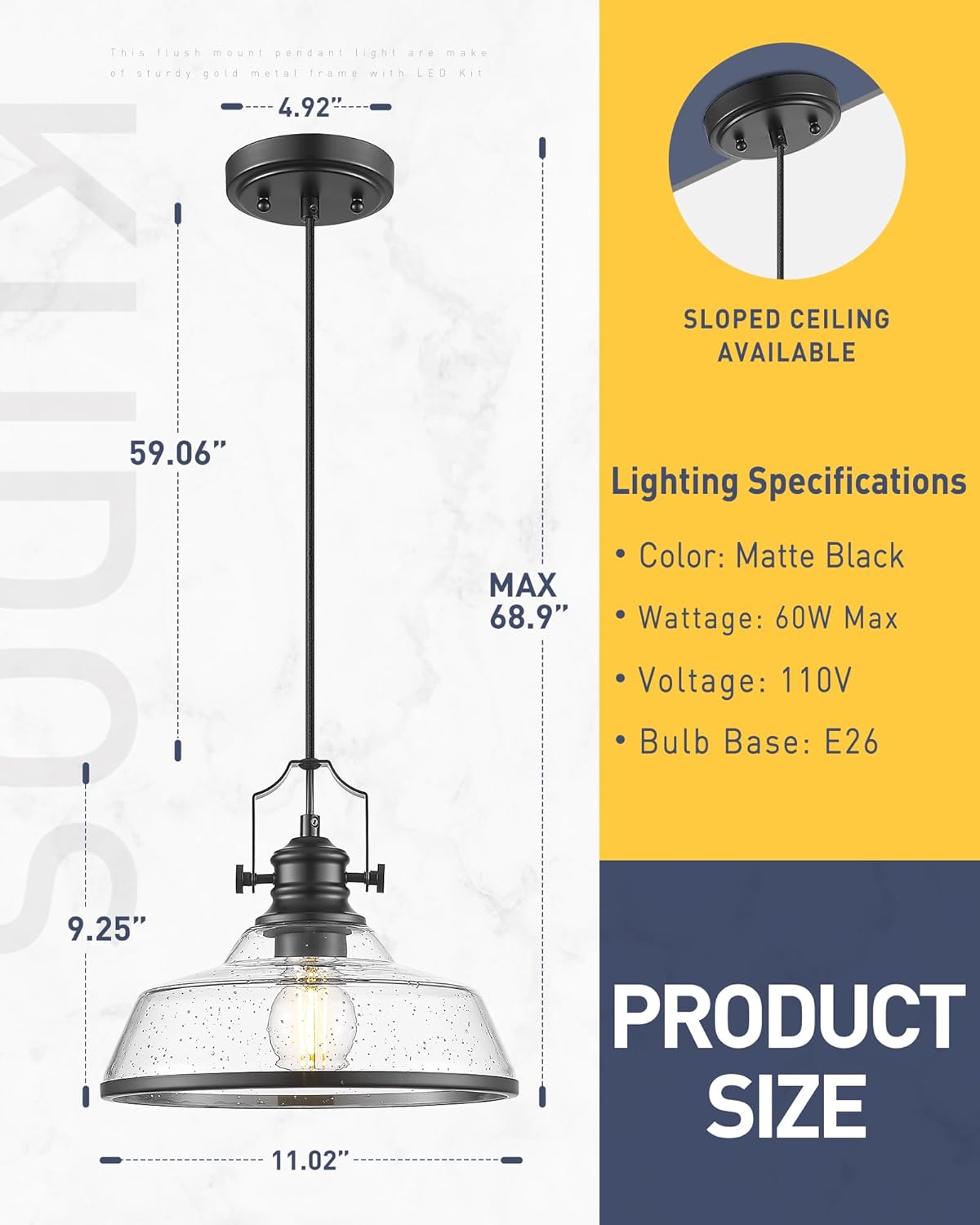 kudos Seeded Glass Pendant Light Kitchen Island, Adjustable Cord, Black Farmhouse Kitchen Light Fixture,KDPL13-BK-S
