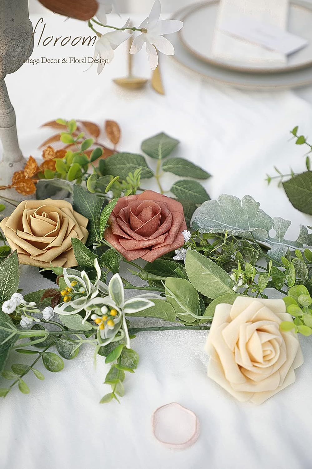 Floroom Artificial Flowers 25pcs Real Looking Burnt Orange Ombre Colors Foam Fake Roses with Stems for DIY Wedding Bouquets Bridal Shower Centerpieces Floral Arrangements Party Tables Home Decorations