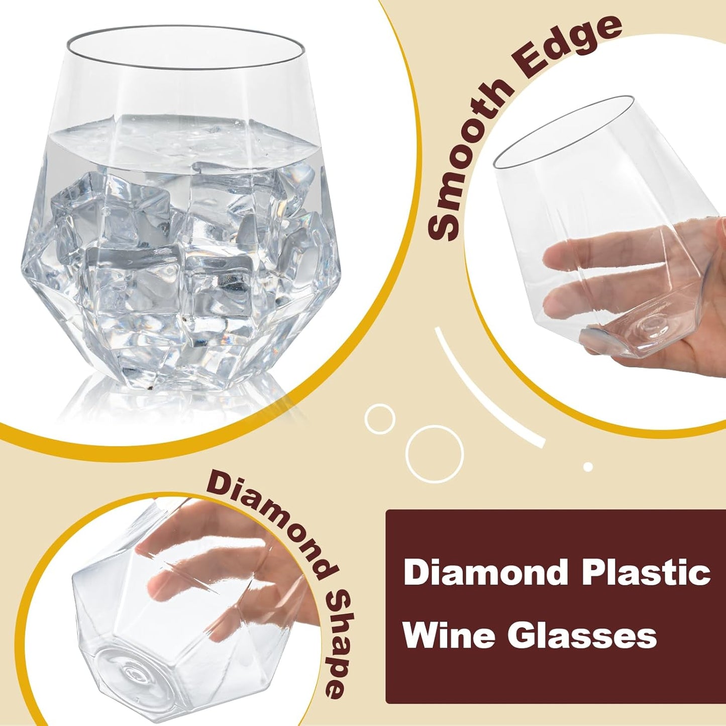 Goodluck 40 PCS Diamond Stemless Plastic Wine Whiskey Glasses, 12 Oz Disposable Cocktail Glasses, Suitable for Weddings, Birthday Parties, Family Gatherings, Bars, etc (Clear)
