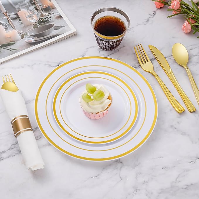 Goodluck 100 Pack Pre Rolled Gold Plastic Silverware, Wrapped Plastic Cutlery Set with Napkin Include 100 Forks, 100 Knives, 100 Spoons and 100 Napkins, Disposable Silverware for Party, Wedding