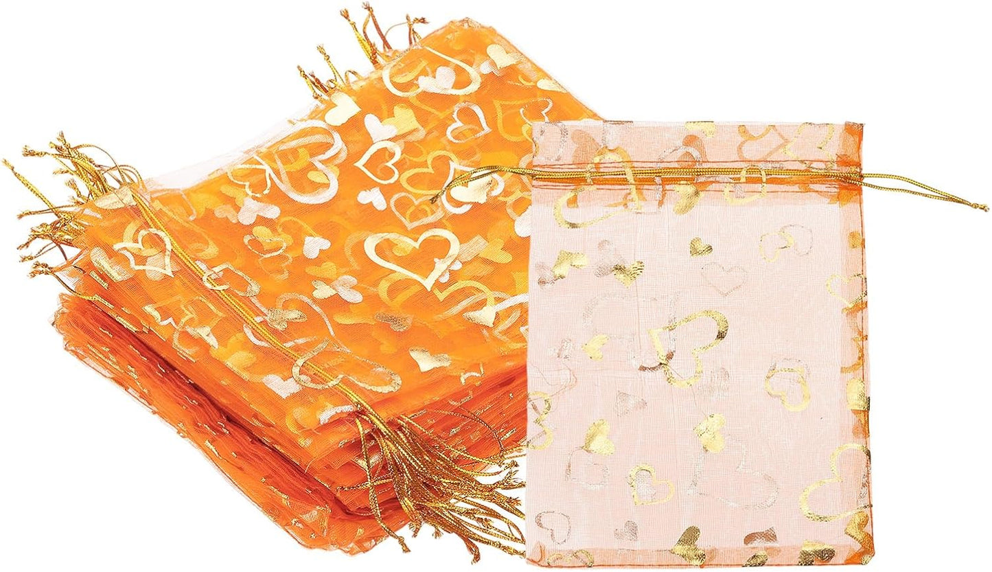 PATIKIL 100 Pcs 5x7 Inch Heart Printed Organza Bags, Orange Sheer Heart Organza Bags with Drawstring for Christmas Candy Jewelry Party Wedding Favor Gift