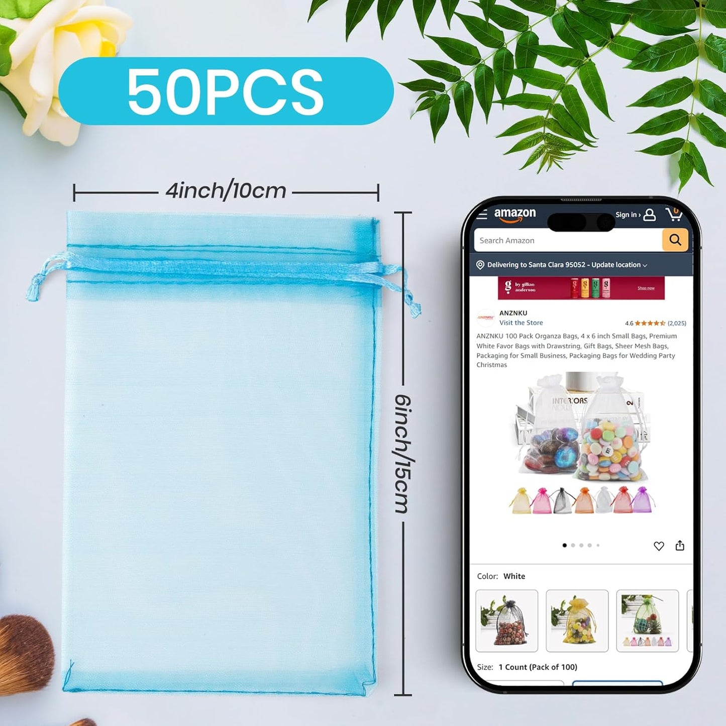 ANZNKU 50 Pack Organza Bags 4x6 Inch, Small Mesh Bag Drawstring Organza Gift Bags for Baby Shower, Party Favors(Lake Blue)