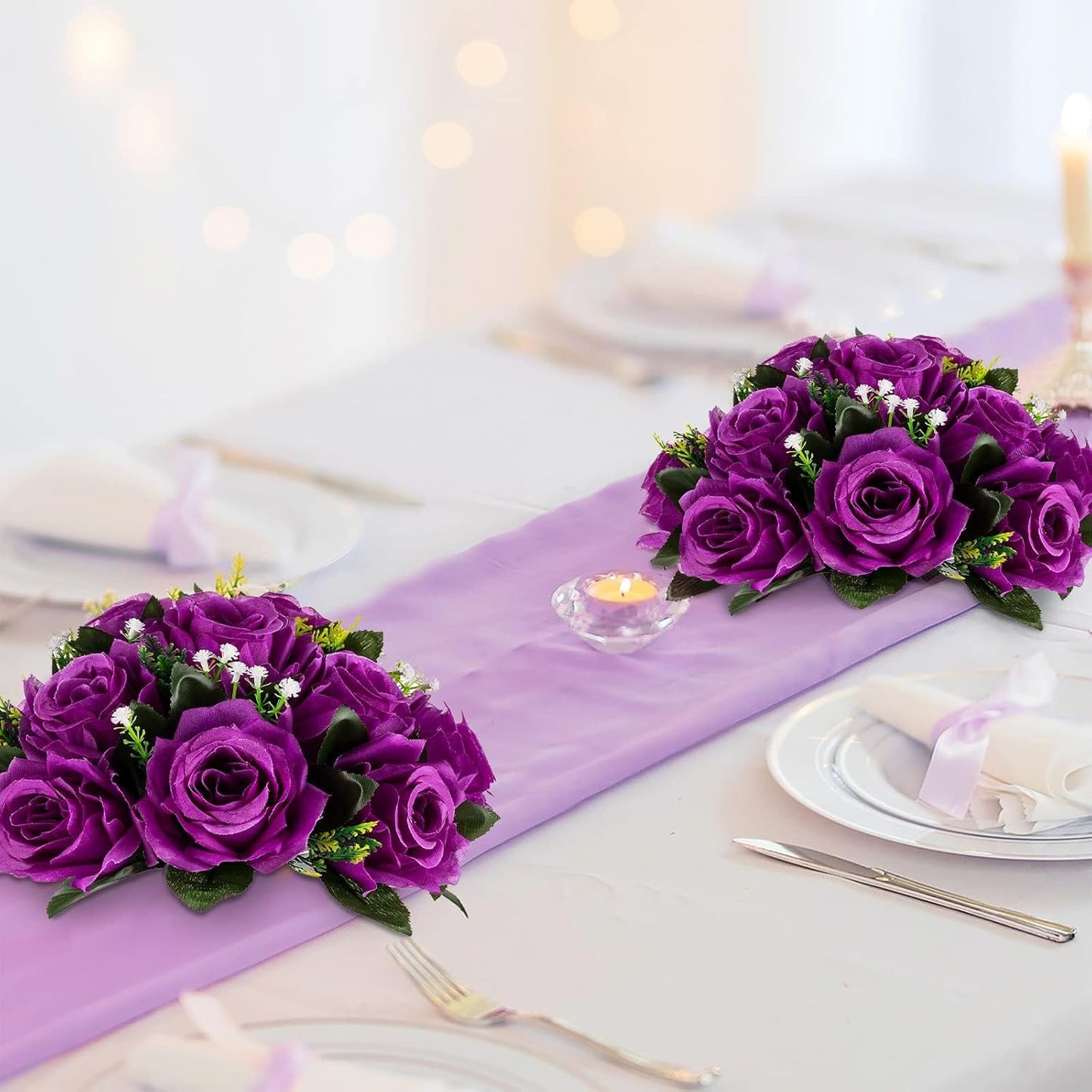 BLOSMON Flower Balls Wedding Rose Centerpieces 6 Pcs Purple Fake Flowers with Base Kissing Balls Decor Artificial Floral Arrangements Flower Bouquet of Roses Home Party Table DIY Decorations